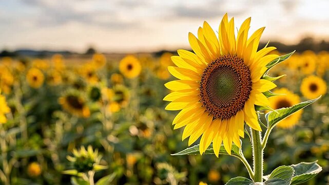 Sunflower in a field at sunset ideal for travel vlogs and eco-friendly campaigns