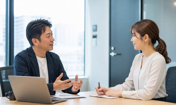 日本人ビジネスマンが会議室で1on1を行う