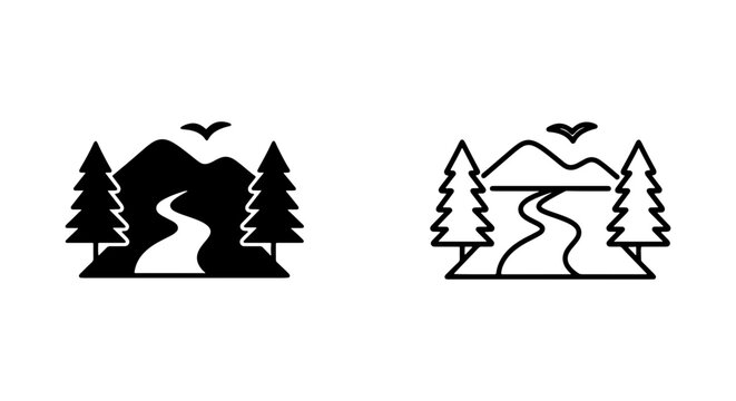 Black and white mountain landscape with trees and river vector icons