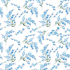 Delicate blue flower seamless pattern for textile print on fabric and wallpaper, watercolor floral branches with green leaves on white background © motifs_20