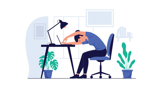 Tired woman stretching her back and arms while sitting at a desk with a laptop to relieve work stress and body fatigue.