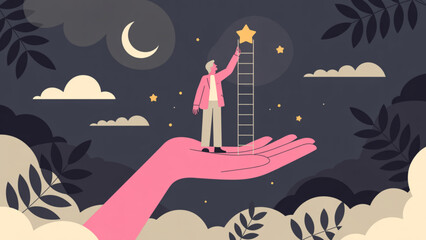 Conceptual illustration of a giant hand supporting a person climbing a ladder to reach for a golden star © Mon