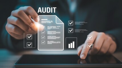 Fototapeta premium Hands holding a checklist with audit on a dark background clipboard
