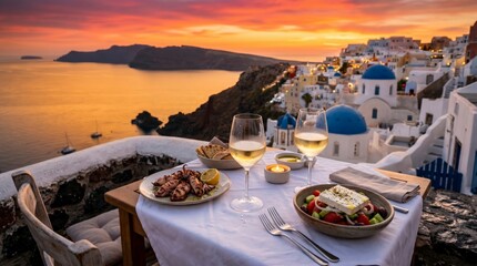 Obraz premium Romantic sunset dinner with wine and Greek food overlooking Santorini caldera