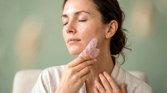 Woman performing facial massage with a rose quartz gua sha stone