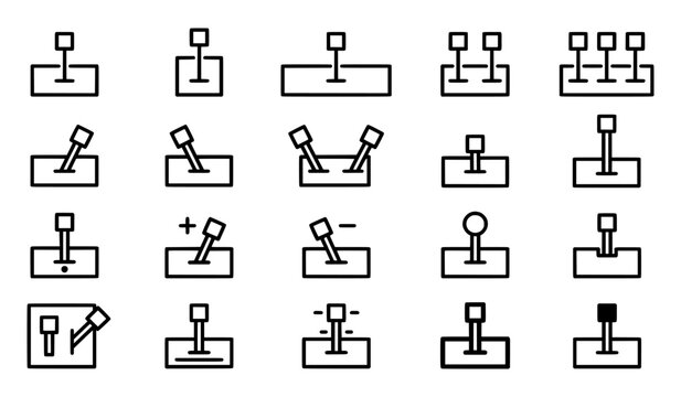 Collection of simple lever and switch icons in black and white outline style with function