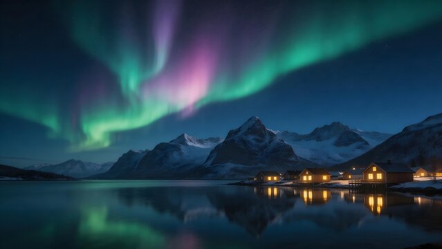 Northern lights over snowy mountains and lake