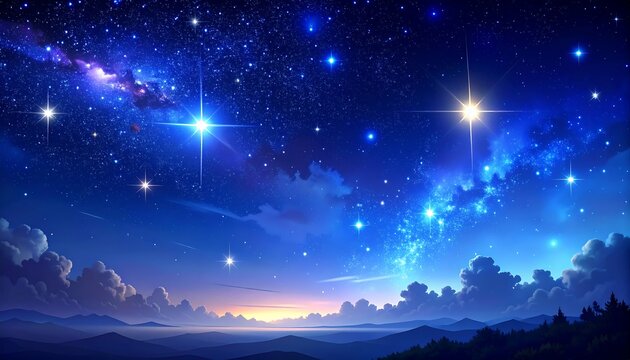 Luminous celestial sky, with vast cosmos above rolling hills, evoking peace and wonder