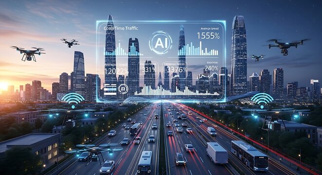 futuristic cityscape with ai interface and drones flying overhead at dusk