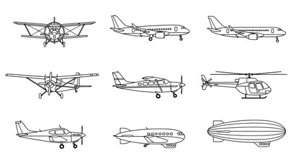 Set of various aircraft and aviation vehicles line art icons © Saharia