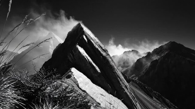 Dramatic black and white landscape of rugged mountain peak with clouds and blowing grasses under a dark sky