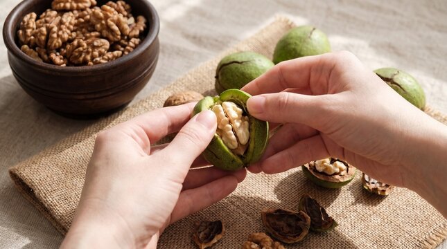 Cracking open a walnut to reveal its edible kernel inside