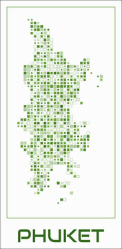 Phuket digital style map. Small square dots on white background. Dotted shape of the island. Phuket map and title. Vibrant vector illustration.