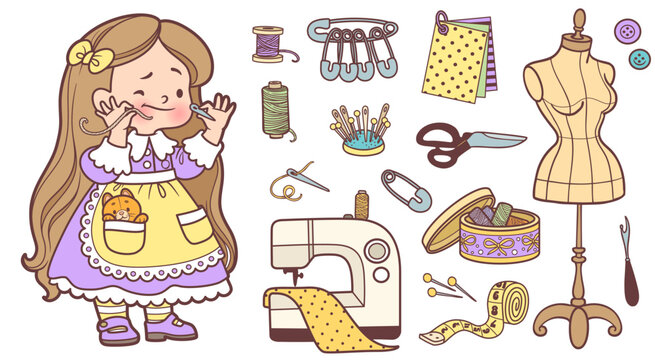Cute cartoon girl trying to thread a needle  and set of objects for needlework, mannequin and a sewing machine color variation