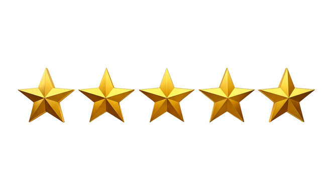 Golden five star rating on transparent background