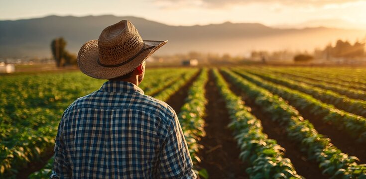 Farmer surveying crop rows in golden sunset field valley