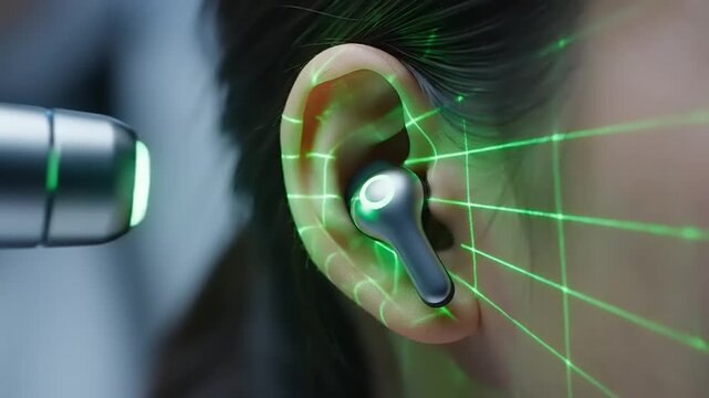 Wireless earbud technology being inserted.