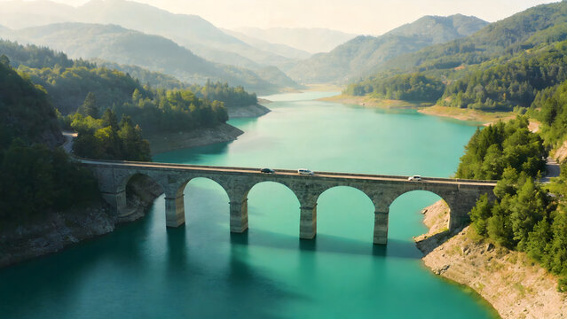 Stone bridge over turquoise lake with mountains