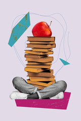 Naklejka premium Vertical sketch image photo collage of anonym student girl guy instead body book stack education apple fruit novel reader hobby