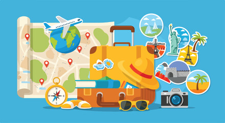A cartoon travel illustration with a suitcase and landmarks © Aziz