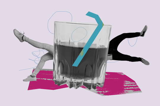 Trendy art creative full zine photo collage of anonym girl guy legs peek coke glass fizzy beverage lemonade nightclub chill