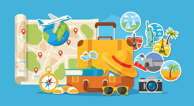 A cartoon travel illustration with a suitcase and landmarks
