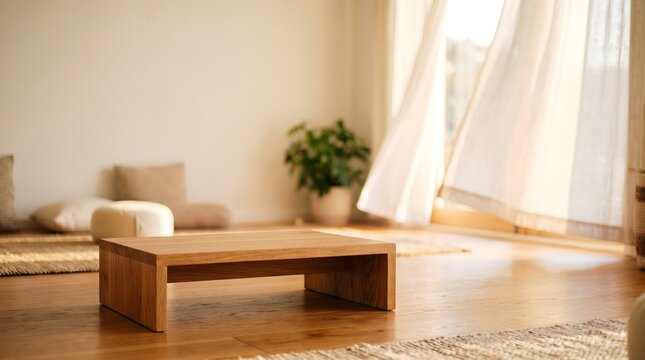 Wooden Podium Mockup in Sun-Drenched Zen Meditation Room
