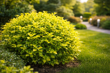Obraz premium Lush green shrubbery alongside a sunlit walking path outdoors