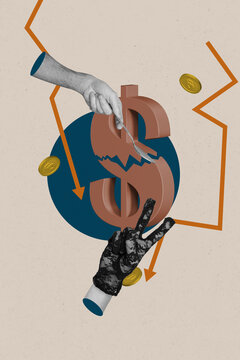 3d sketch image vertical collage of hand point broke dollar currency coin inflation regress arrow problem economy decline