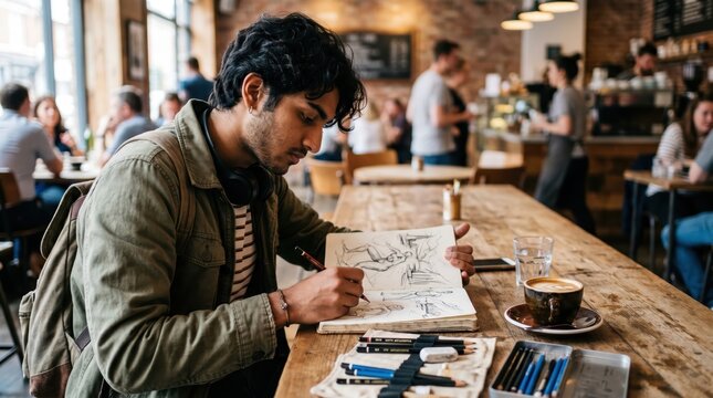 Young man drawing in cafe with art supplies on table