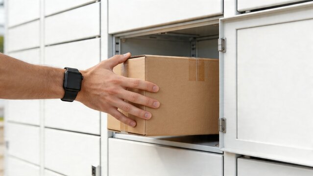 A person places a package into a secure delivery locker, showcasing a modern and convenient way to receive shipments.