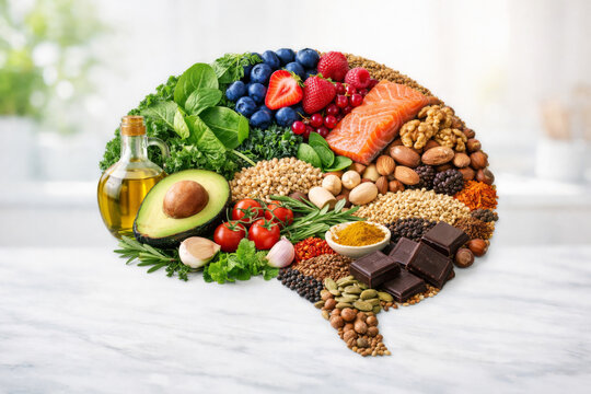 Brain-shaped arrangement of healthy foods on white marble background
