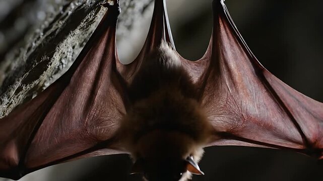 Close-up of a bat hanging upside down in a dark cave, slowly unfurling its wings.