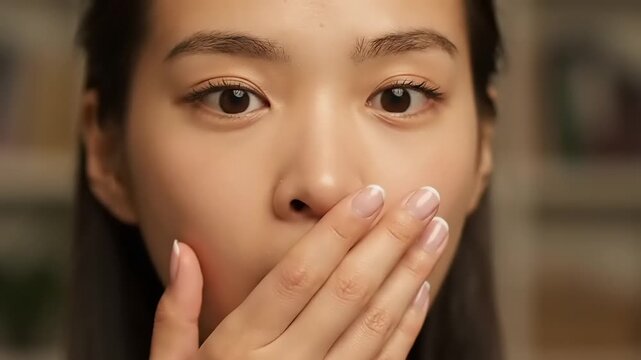 Asian woman covering her mouth.