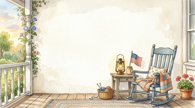 Cozy porch with a blue rocking chair, patriotic flag, knitting, and blooming morning glory vines