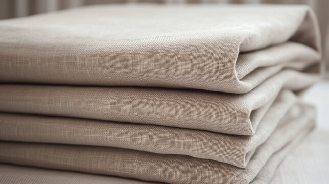 Stack of neatly folded beige linen sheets.