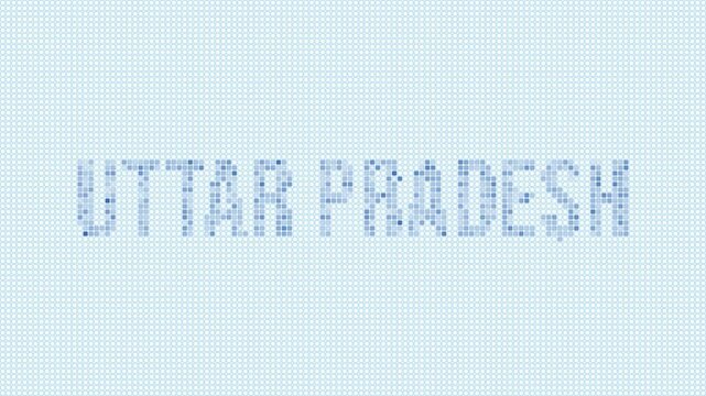 Uttar Pradesh, India dotted map animation. Digital style shape of the state. Uttar Pradesh, India shape and title dots appear with bulb flickering effect. Creative Intro, outro, title, logo video.