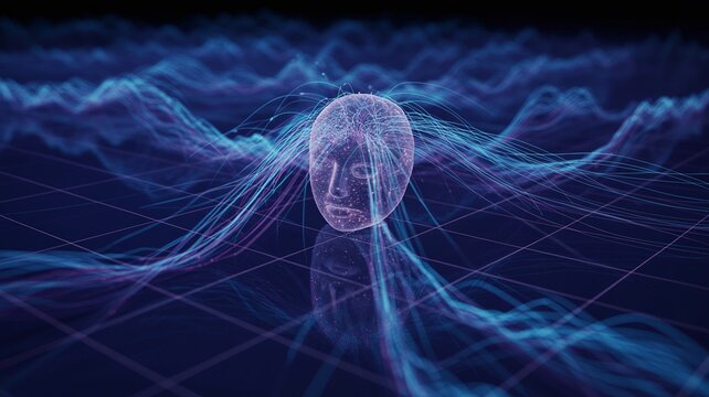 A futuristic digital illustration of a human face surrounded by vibrant blue lines and grid patterns