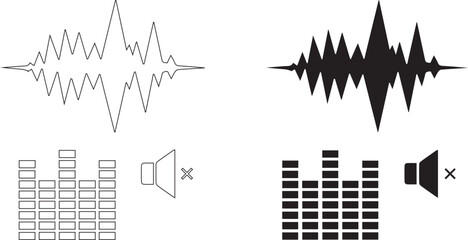 Obraz premium Digital sound wave vector set, audio equalizer bars and speaker mute icons, black and white music frequency pulse graphics for podcast and radio