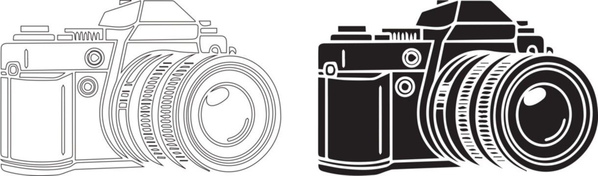 Vintage SLR camera vector icons, professional film photography equipment set, black and white outline and silhouette camera illustrations for logo design