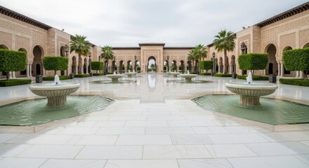 Naklejka premium Elegant Courtyard with Fountains and Lush Greenery Featuring Islamic Architectural Elements