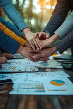 Team stacking hands over printed charts and graphs on a wooden table with tablets and pens, outdoors in soft sunlight, expressing unity, collaboration and shared determination