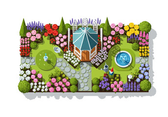 Fototapeta premium Beautifully designed garden with a central gazebo and vibrant flower beds.