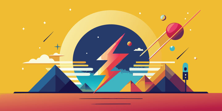 Lightning bolt over geometric mountains with planets and stars in a yellow sky