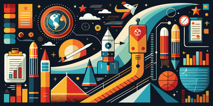 Space exploration infographic with rockets planets and data charts on dark background