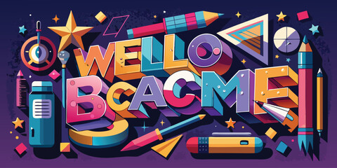 3 d typography hello back to school text surrounded by colorful stationery supplies © garin