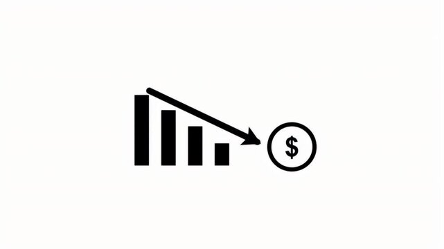 Minimalist black and white icon of a bar graph with a decreasing arrow and dollar sign representing financial loss