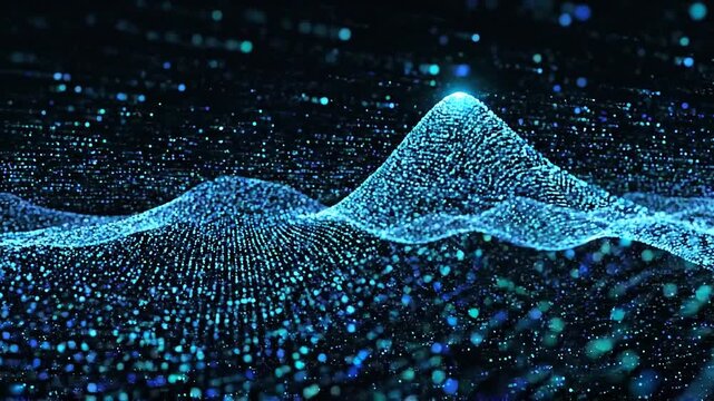 Digital Data Landscape: An abstract view of data visualization in the digital realm, showcasing a flowing landscape with luminous peaks and valleys created by a myriad of interconnected particles.