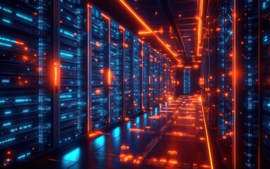 Obraz premium Futuristic data center aisle with rows of server racks, glowing blue LEDs and orange neon reflections, sleek high-tech corridor conveying intensity and humming energy