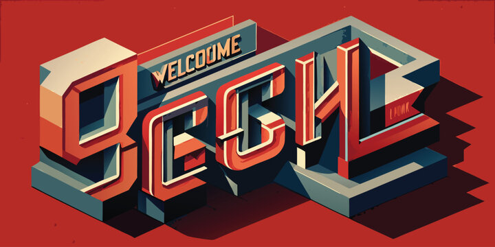 Isometric 3 d typography with red and blue geometric lettering blocks